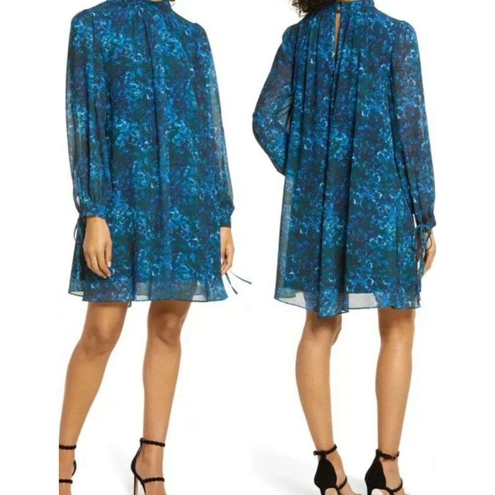 Badgley Mischka Dress Women's 10 Long Sleeve Mark + James Trapeze Lined Blue NEW